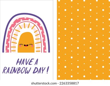 Scandinavian Pattern and  Poster with Cute Smiling Rainbow and Small Dots. Vector illustration and Pattern for Kids Fashion, Nursery Design, Baby shower Greeting Card.Kids wall art vector collection. 