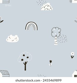 Scandinavian pattern, seamless print. Cute doodle nature, rainbow, plants, trees and clouds in baby kids Scandi style. Endless background for childs fabric, wallpaper design. Flat vector illustration