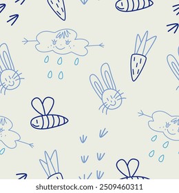 Padrão escandinavo, impressão sem emenda. Bela natureza doodle, arco-íris, plantas, árvores e nuvens em crianças bebê estilo Escandi. Fundo infinito para tecido infantil, design de papel de parede. Ilustração de vetor plano