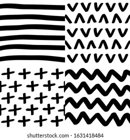 Scandinavian pattern set. Black and white abstract geometric background. Hand drawn striped zig zag triangle cross mark sign line shape. Flat design style. Vector illustration