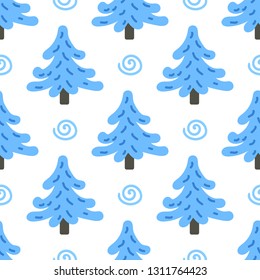 The Scandinavian pattern is simple with large blue fir trees and spirals on a white background. For Christmas holiday, new Year, textiles, Wallpaper, fabric, background, wrapping paper.