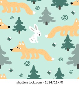 The Scandinavian pattern is simple with red foxes, white hares and fir trees on a light blue background. For textile, fabric, background, Wallpaper, wrapping paper, Christmas holiday, new year. 