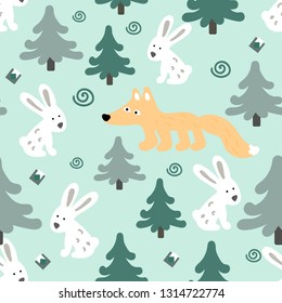 Scandinavian pattern simple with white hares, Fox and Christmas trees on a light background. For textile, fabric, background, Wallpaper, wrapping paper, Christmas holiday, new year.