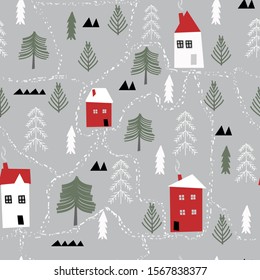 Scandinavian pattern with stylized fir, houses, traces and footpath in gray, white, red, black colors. Simple classic christmas seamless pattern for background, wrapping paper, fabric, surface design.