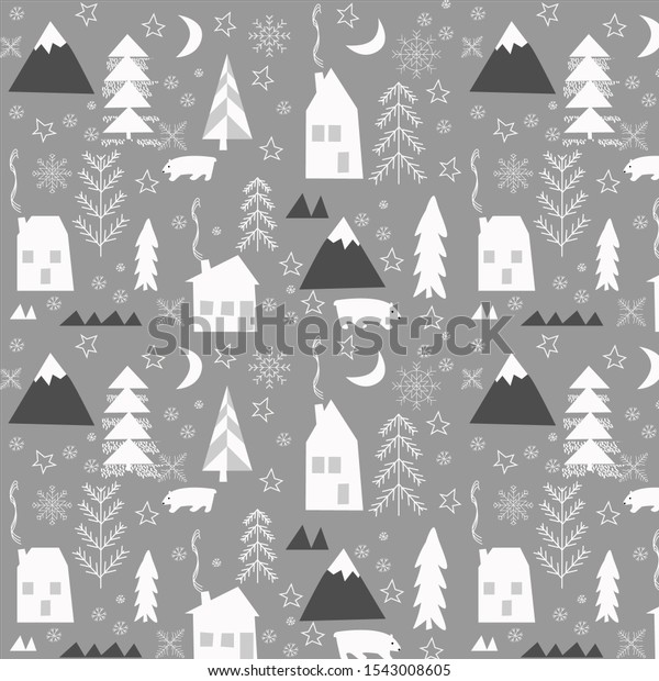 Scandinavian pattern with\
stylized fir, snowflakes, house, bunny, stars. Simple classic\
christmas seamless pattern for background, wrapping paper, fabric,\
surface design.