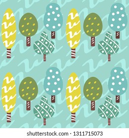 Scandinavian pattern with yellow and green trees of different shapes on a light background. for textile, Wallpaper, fabric, background, packaging paper.