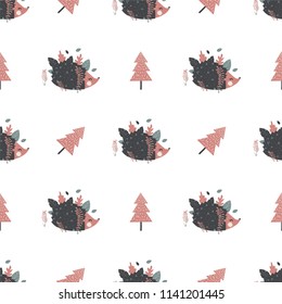 Scandinavian pattern for your child and you with cute hedgehog and trees