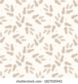 Scandinavian pattern.A pattern of leaves, branches, and twigs in warm beige colors. Hand drawn vector flat illustration