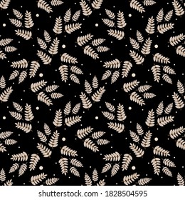 Scandinavian pattern.A pattern of leaves, branches, and twigs in warm beige colors. Hand drawn vector flat illustration