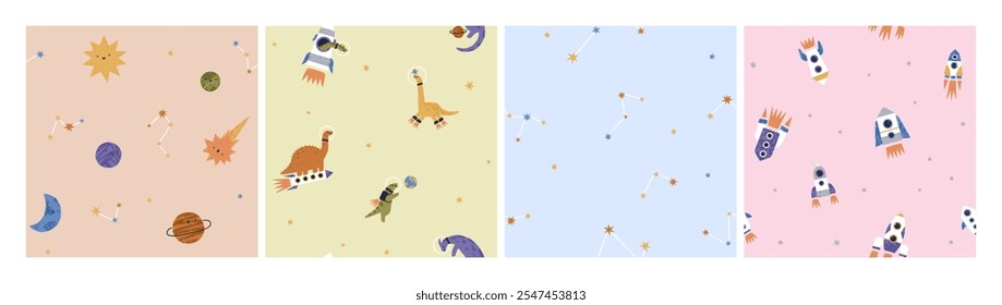 Skandinavische Muster gesetzt, nahtlose Designs mit niedlichen Dinosauriern, Sternen und Planeten. Raum und Kosmos Hintergrund in Kinder kawaii Skandi Stil. Kinderdruck, flache Vektorgrafik für Stoff, Textil