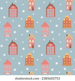 Scandinavian pink houses and snowflakes seamless pattern. Perfect for cards, invitations, wallpaper, banners, kindergarten, baby shower, children room decoration.