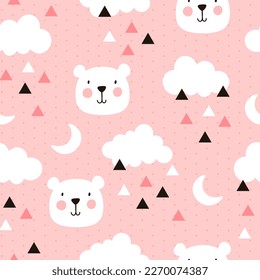 Scandinavian pink sky seamless pattern with cute polar bear and clouds, moon and triangles. Kids fabric and textile vector design.