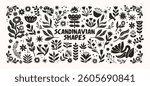 Scandinavian plants wood folk shapes with plants and forest elements. Ethnic folk stickers in nordic style. Boho silhouettes and floral patterns, doodle Scandinavian leaf folk textile pattern