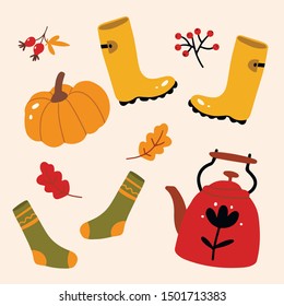 Scandinavian poster, autumn leaves, yellow slippers, socks. Very nice picture. Red teapot. Autumn mood. Pumpkin