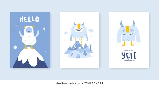 Scandinavian poster set with abstract funny yeti and hand written text. Nordic prints collection with cute yeti. 