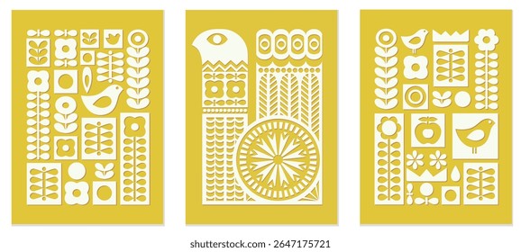 Scandinavian poster set with birds, flowers, leaves, abstract forms on yellow background. Retro posters for nursery, kids room decor, playroom.