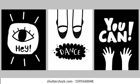 Scandinavian posters with body parts. Black and white cards of simple graphic and lettering.