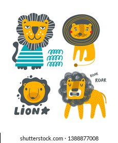 Scandinavian posters lion set for children room decor and decorating. Vector collection of animals illustration hand drawn in childish srtyle.