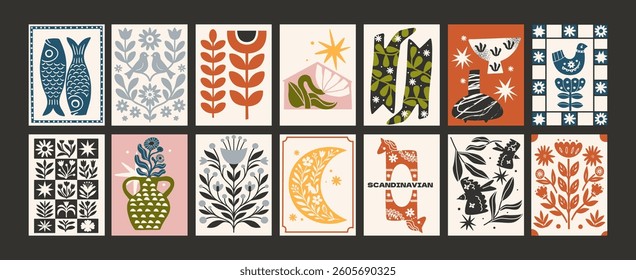 Scandinavian posters in minimalist style. Hand drawn vector illustrations with birds, patterns, plants and vases in cartoon retro style. Wall decor, trendy cozy banners. Decor of wallpaper, prints.