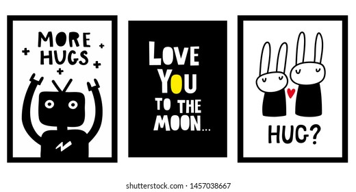 Scandinavian posters and prints for nursery decor or children room. Vector collection with vector images of animals, robot and lettering.