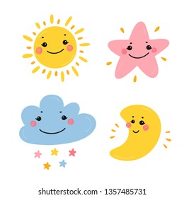 Scandinavian Print or Poster with Cute Smiling Moon, Cloud, Star and Sun Kawaii Icons Vector illustration for Kids Fashion, Nursery Design, Baby shower Greeting Card. 