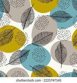 Scandinavian print style scattered leaves seamless vector pattern background. Simple lino cut effect skeleton leaf foliage on abstract backdrop. 