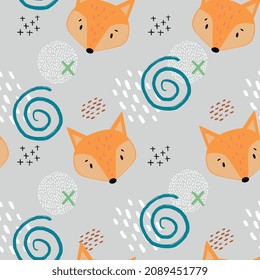scandinavian print for wrapping paper for textile fox on a gray background nordic seamless pattern for kids for gift wrapping paper calm colors with a gray background with orange fox and ornament