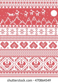 Scandinavian Printed Textile  style and inspired by Norwegian Christmas and festive winter seamless pattern in cross stitch with Xmas trees, snowflakes, Reindeer, Mountains,  Sleigh, hearts,  angels 
