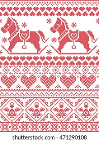 Scandinavian Printed Textile style and inspired by Norwegian Christmas and festive winter seamless pattern in cross stitch with snowflakes, rocking horse, angels hearts and decorative ornaments