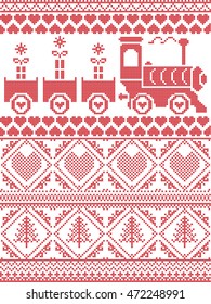 Scandinavian Printed Textile style and inspired by Norwegian Christmas and festive winter seamless pattern in cross stitch with gifts, gravy train, Christmas tree,  heart and decorative ornaments