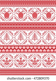 Scandinavian Printed Textile style and inspired by Norwegian Christmas and festive winter seamless pattern in cross stitch with angel, Christmas tree, heart, reindeer  and decorative ornaments 