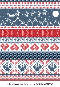 Scandinavian Printed Textile  style and inspired by  Norwegian Christmas, festive winter seamless pattern in cross stitch with Xmas trees, snowflakes, Reindeer,mountains, moon, Sleigh, hearts,  angels