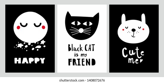 Scandinavian prints collection for little one and room decor. Monochrome cards with vector illustrations.