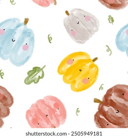 scandinavian pumpkins watercolor colorful seamless pattern with orange, green, grey, blue, pink elements. Hand drawn kids fabric and textile design