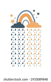 Scandinavian rainbow with blue and yellow raining clouds. Childish vector illustration for print, baby shower, invitation, greeting card, poster, textile, banner, wrapper, cover. Hand-drawn print