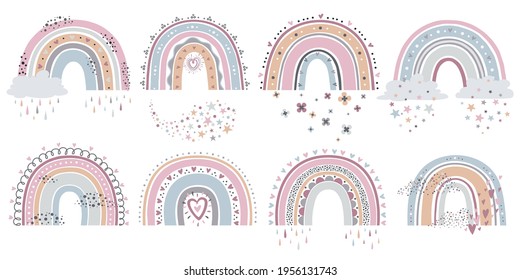 Scandinavian rainbow. Cartoon rainbows with clouds, flowers and stars in pastel colors for kids textile, wallpaper isolated vector set. Isolated elements for childish or nursery design