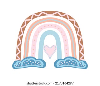 Arcoiris escandinavo con nubes, un dibujo de líneas y patrones de colores, sobre un fondo transparente, para el diseño de cosas para niños y una habitación