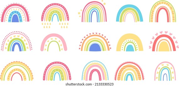 Scandinavian rainbow doodle, cute childish rainbows with hearts and stars. Minimalist boho elements for kids fabric, print, nursery vector set