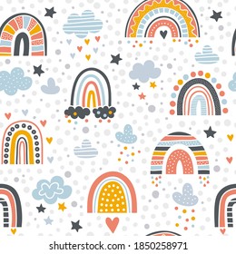 Scandinavian rainbow pattern. Graphic shapes of rainbow and rain drawn vector seamless background