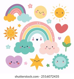 Scandinavian rainbow symbols and flowers for baby shower and kids' party decor
