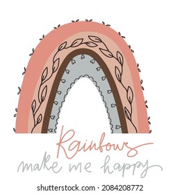 Scandinavian rainbow with words rainbow make me happy. Cute pastel rainbow with words Cute illustration in hand drawn style for posters, prints, cards, fabric, children's books. Vector