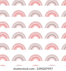 Scandinavian rainbows in boho style seamless pattern. Doodle cartoon illustration pink.
