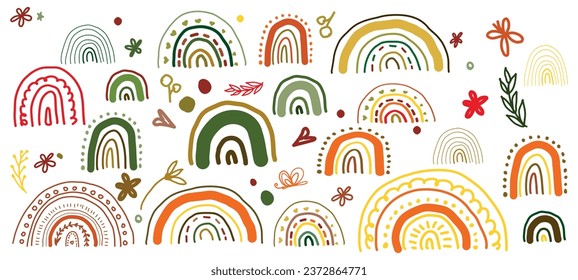 Scandinavian rainbows in boho style. Warm shades of autumn. A hand-drawn vector element for decorating children's textiles, for design.