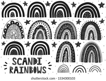 Scandinavian rainbows set. Cute fantasy clipart. Black and white collection of isolated elements. Vector illustration