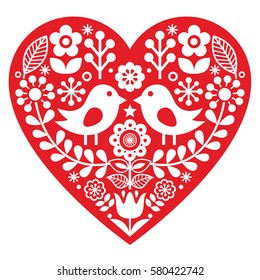 
Scandinavian red folk art pattern with birds and flowers -  Valentine's Day, love concept