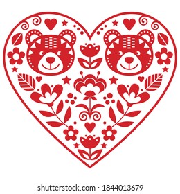 Scandinavian red heart with two bears in love and flowers folk art vector design, Valentine's Day floral greeting card or wedding invitation. Cute kiddy floral ornament Nordic style - relationship