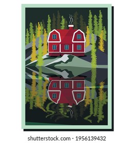 scandinavian red house on the edge of the forest with reflection in the water