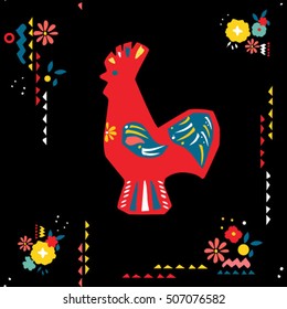 scandinavian red rooster vector illustration background  with traditional elements. flowers  leaves rooster 