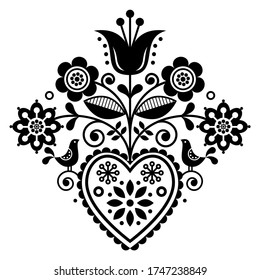 Scandinavian retro folk art floral, vector design in black and white, Nordic pattern with birds and flowers. Traditional monochrome cute ornament - Scandi style, old-fashioned look

