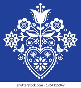 Scandinavian retro folk art floral, vector design in white on navy blue, Nordic pattern with birds and flowers. Traditional cute ornament - Scandi embroidery style, old-fashioned look
